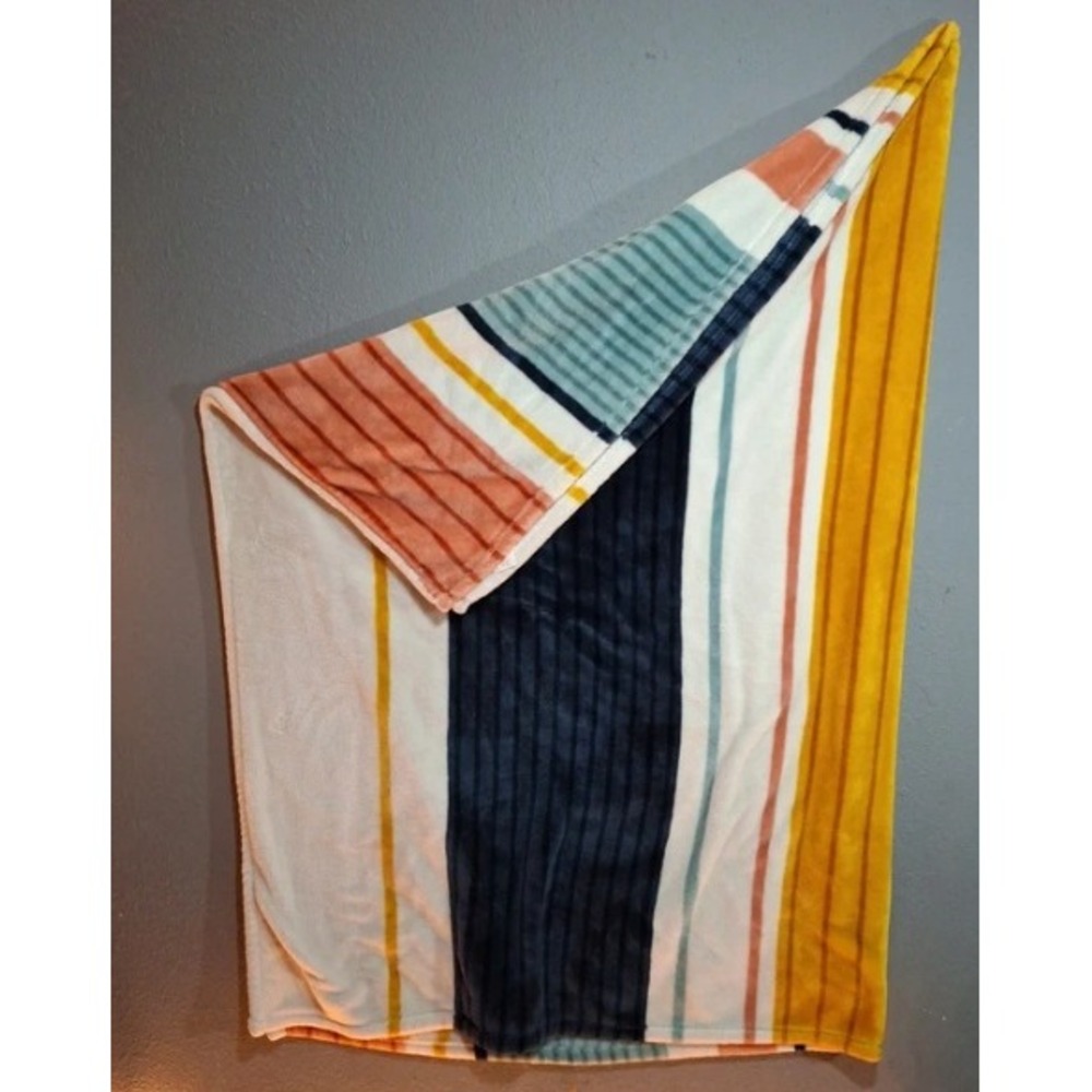 Multi Color Striped Plush Throw Blanket Navy Yellow Orange Teal Soft Fleece